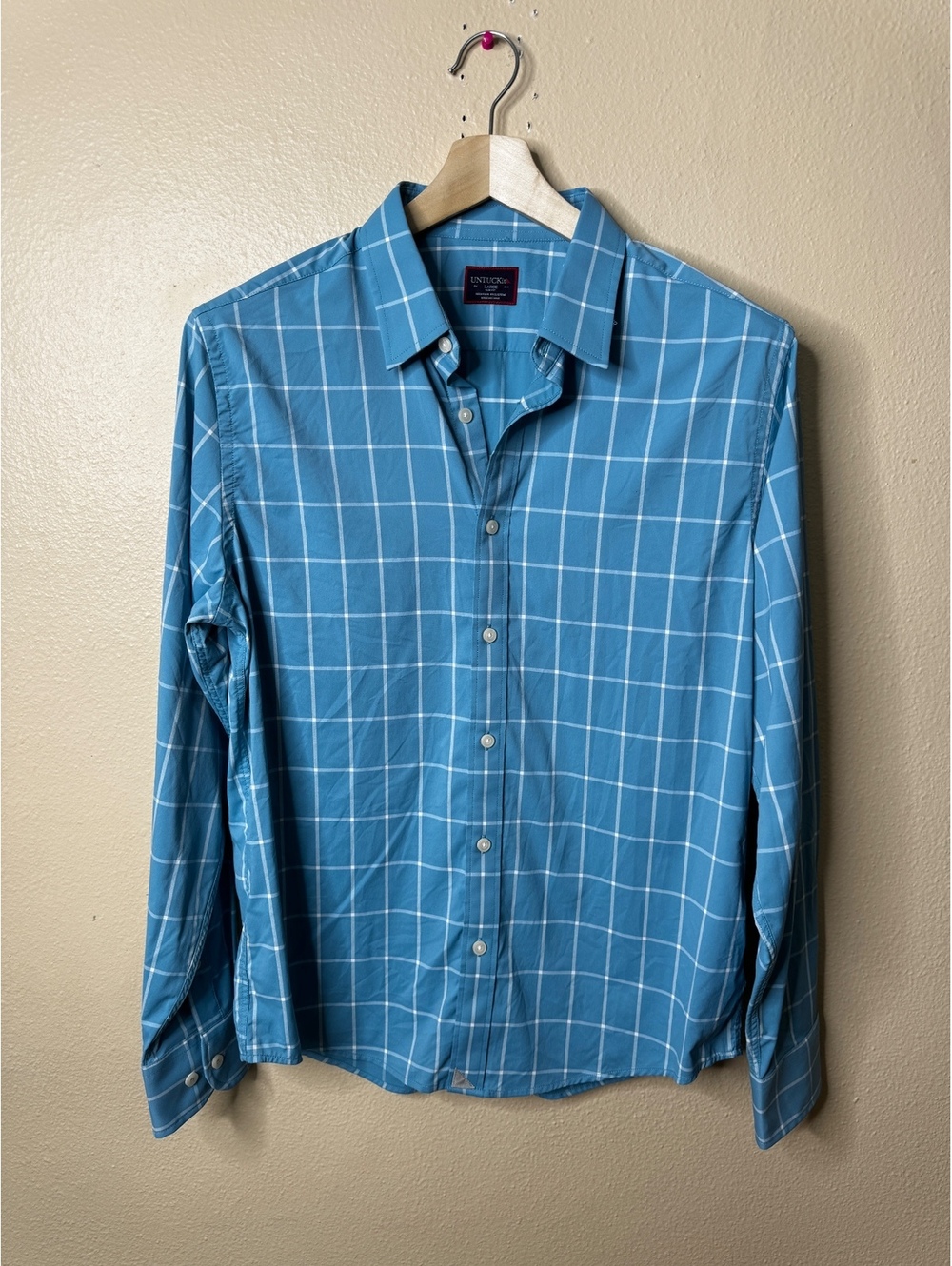 UNTUCKit Mens Large Button Up Shirt Blue Plaid Slim Fit Stretch Long Sleeve